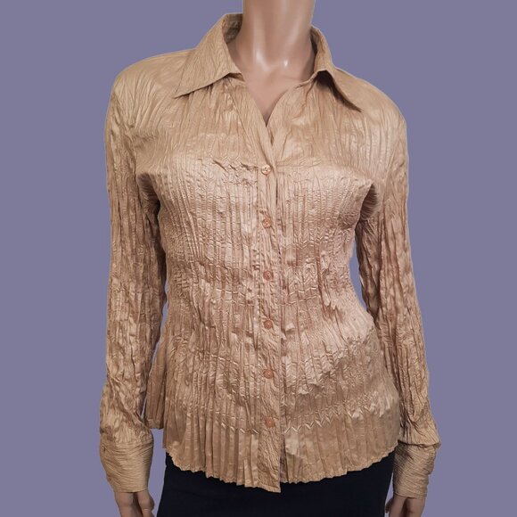 Vintage 90s Y2K Crinkle Blouse Deadstock With Tag Size L Beige Gold Wide Collar - Picture 1 of 6